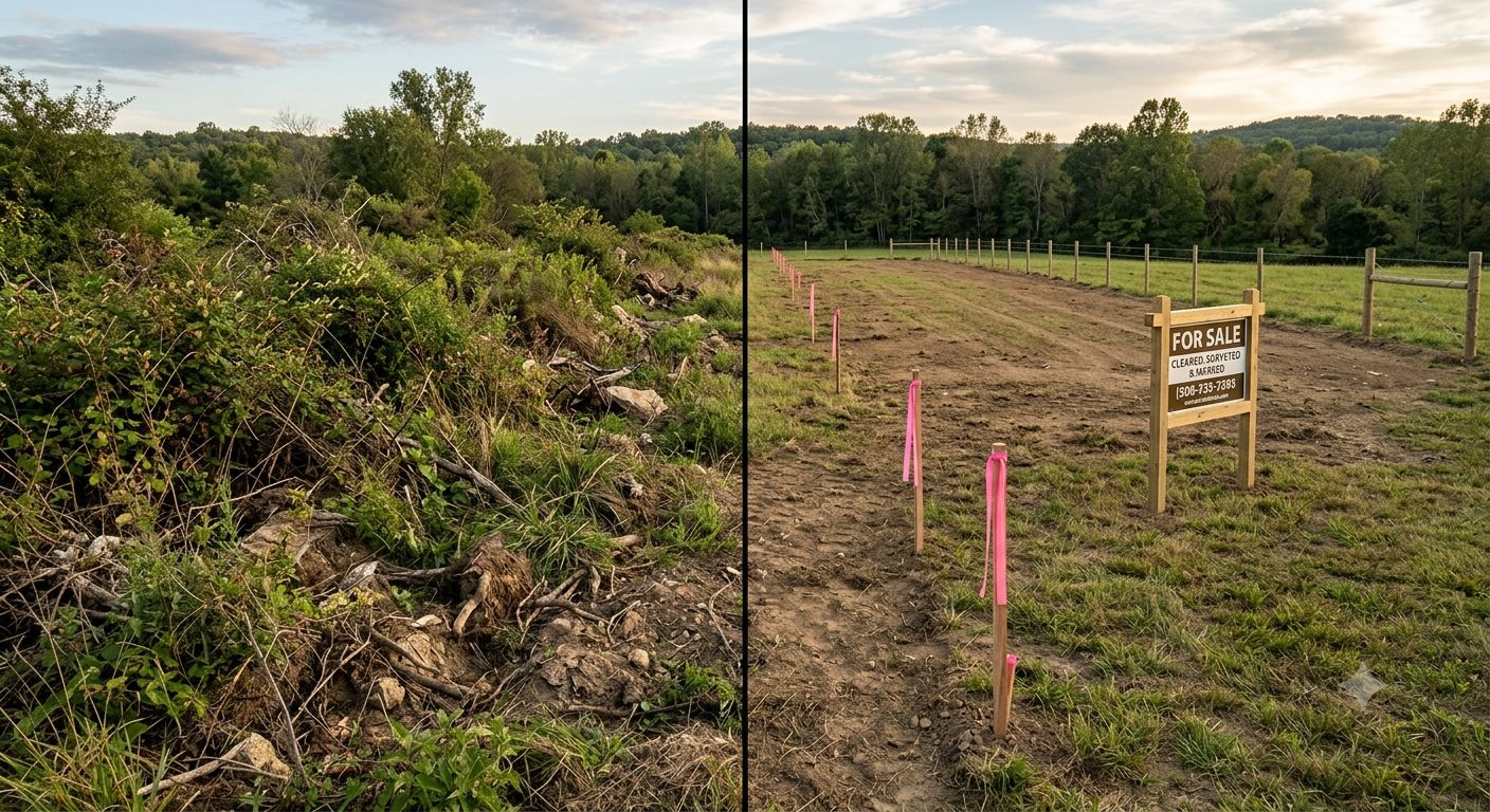 Before and after of a cleared rural land parcel prepared for sale