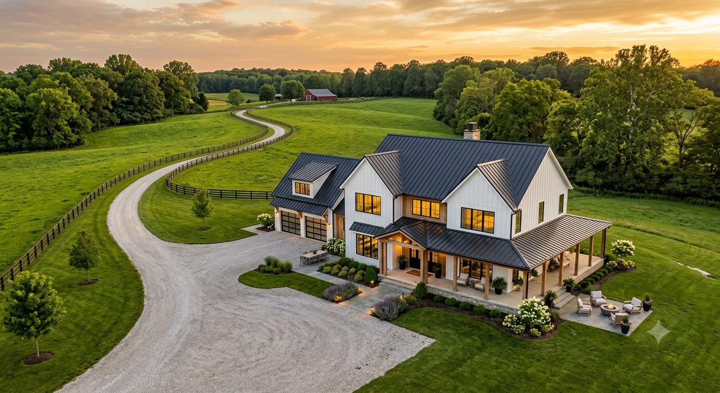 Modern farmhouse on open acreage at sunset