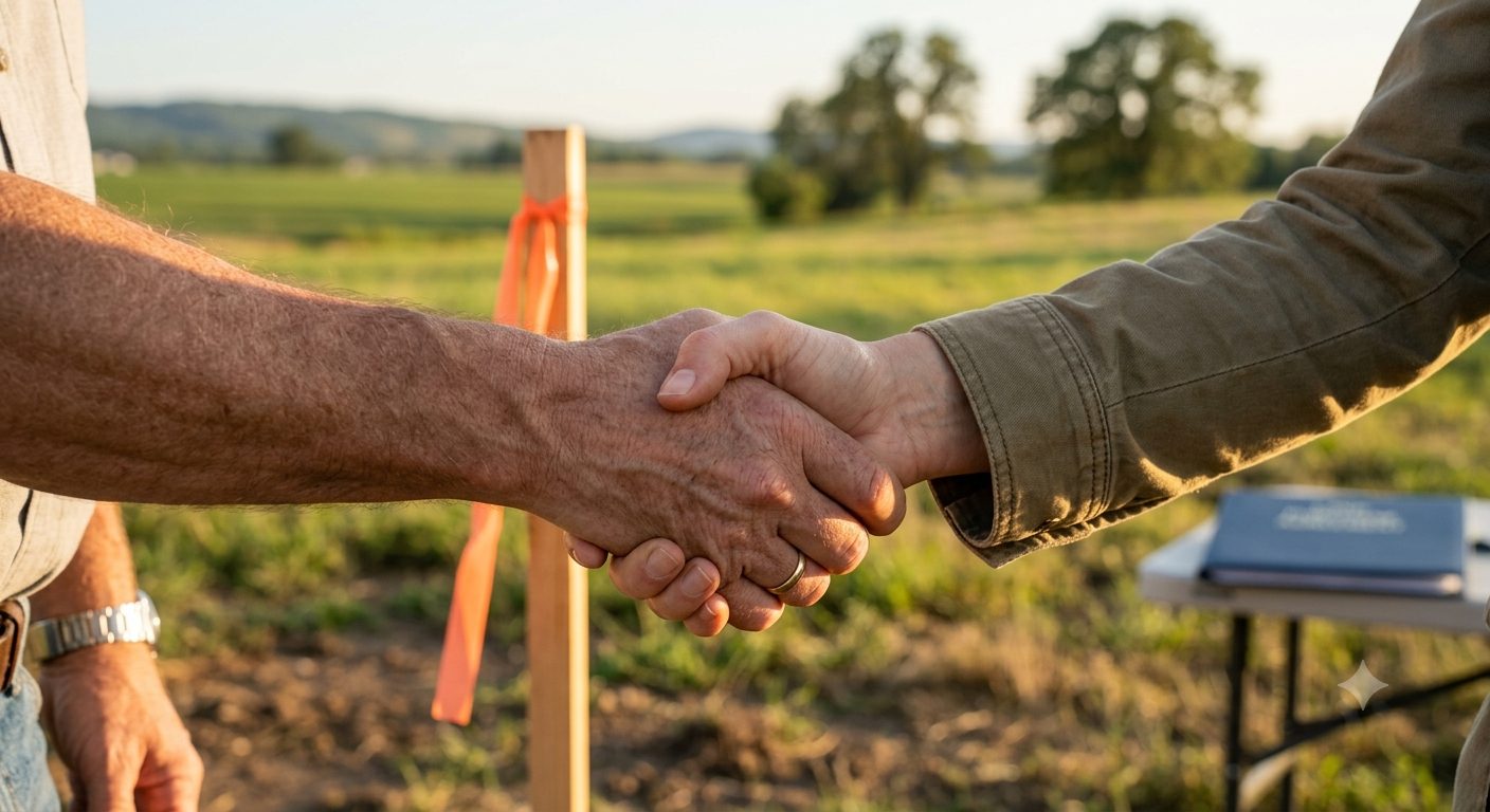 Two people shaking hands over a land deal in a field