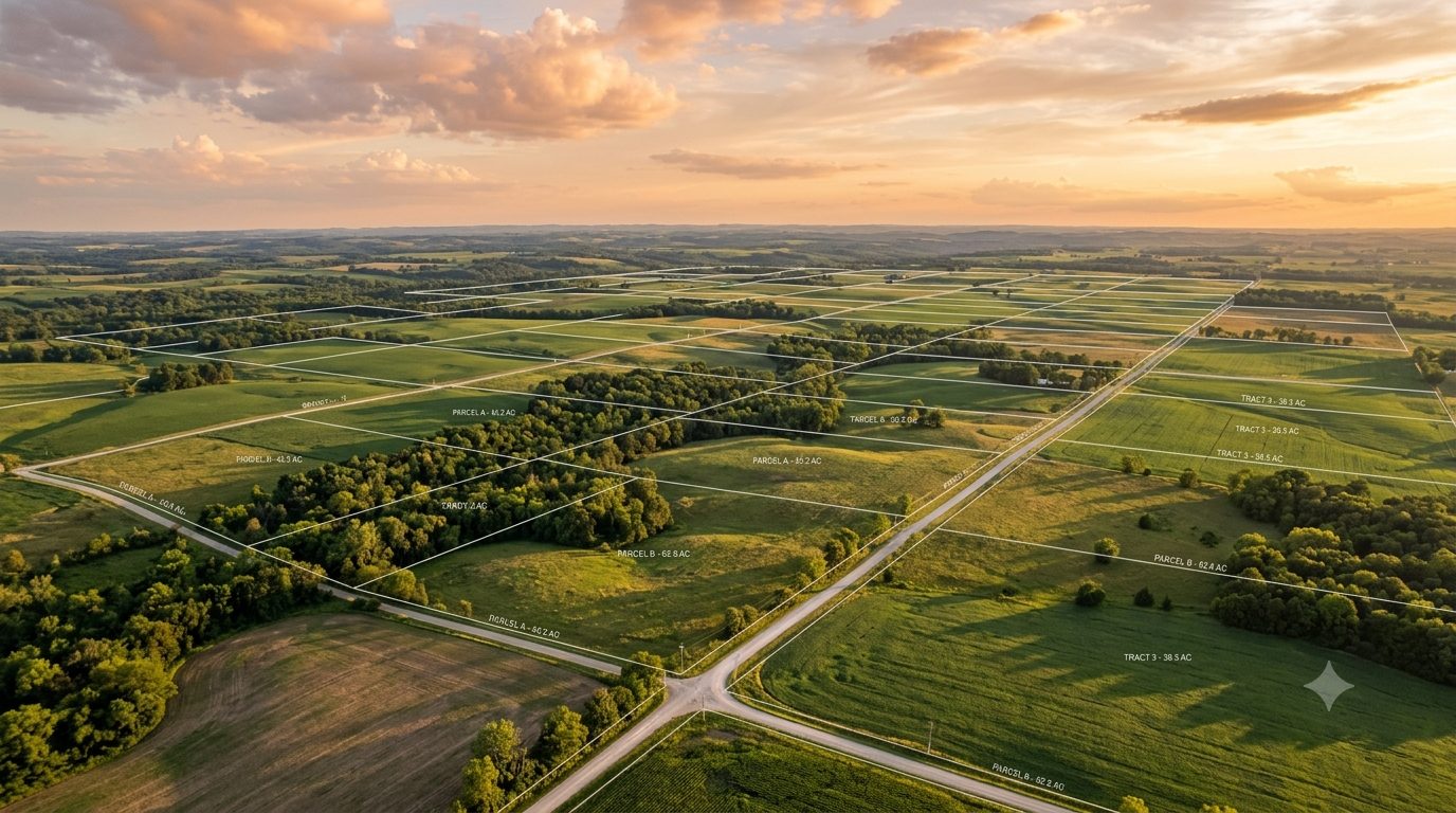 Aerial view of subdivided rural land parcels at sunset